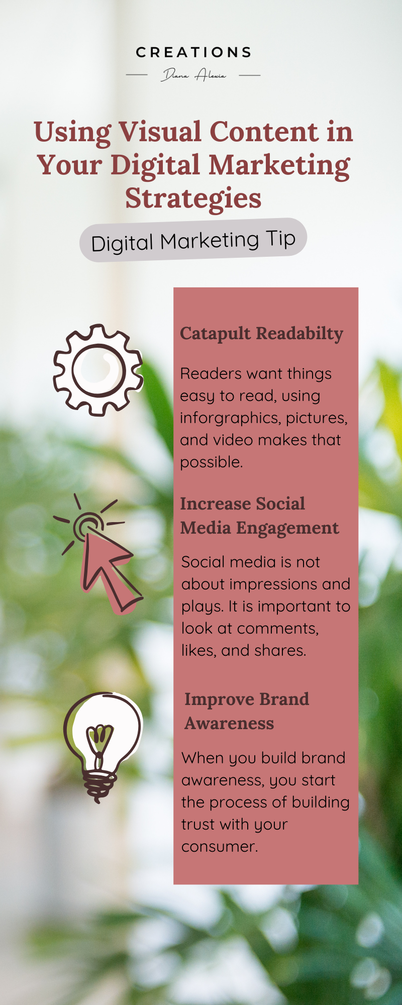 Infographic designed by Diana alexia creations showing the benefits of using visual graphics in content marketing strategies.